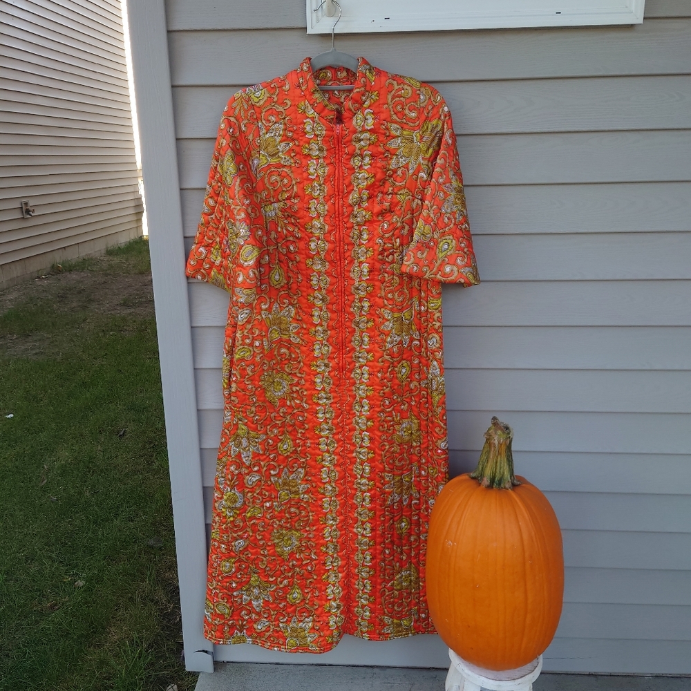Vintage 1970's Orange Quilted Loungees Robe Midi Dress